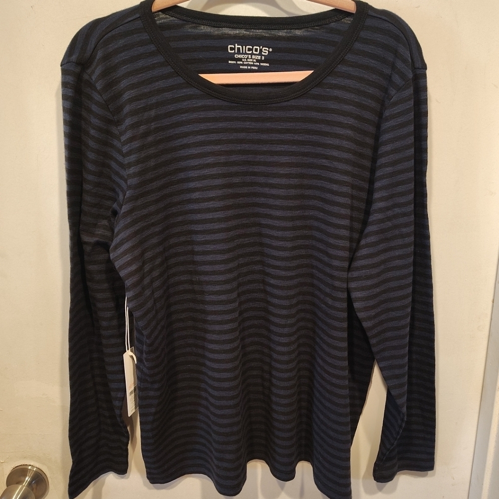 Chico's NWT Navy & Black Ribbed Slub Long Sleeve Shirt Sz 3 (XL) Casual Gothic